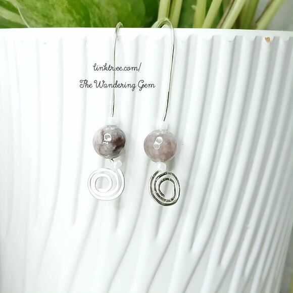 Dendritic Jasper Crystal Beaded Dangle Earrings, Boho Chic Gemstone Jewelry 1.5" - Picture 3 of 6